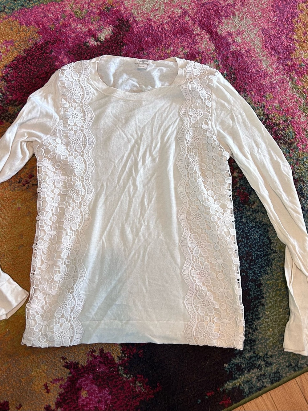 J. Crew White Long-Sleeve Crewneck Sweater with Floral Lace Panels